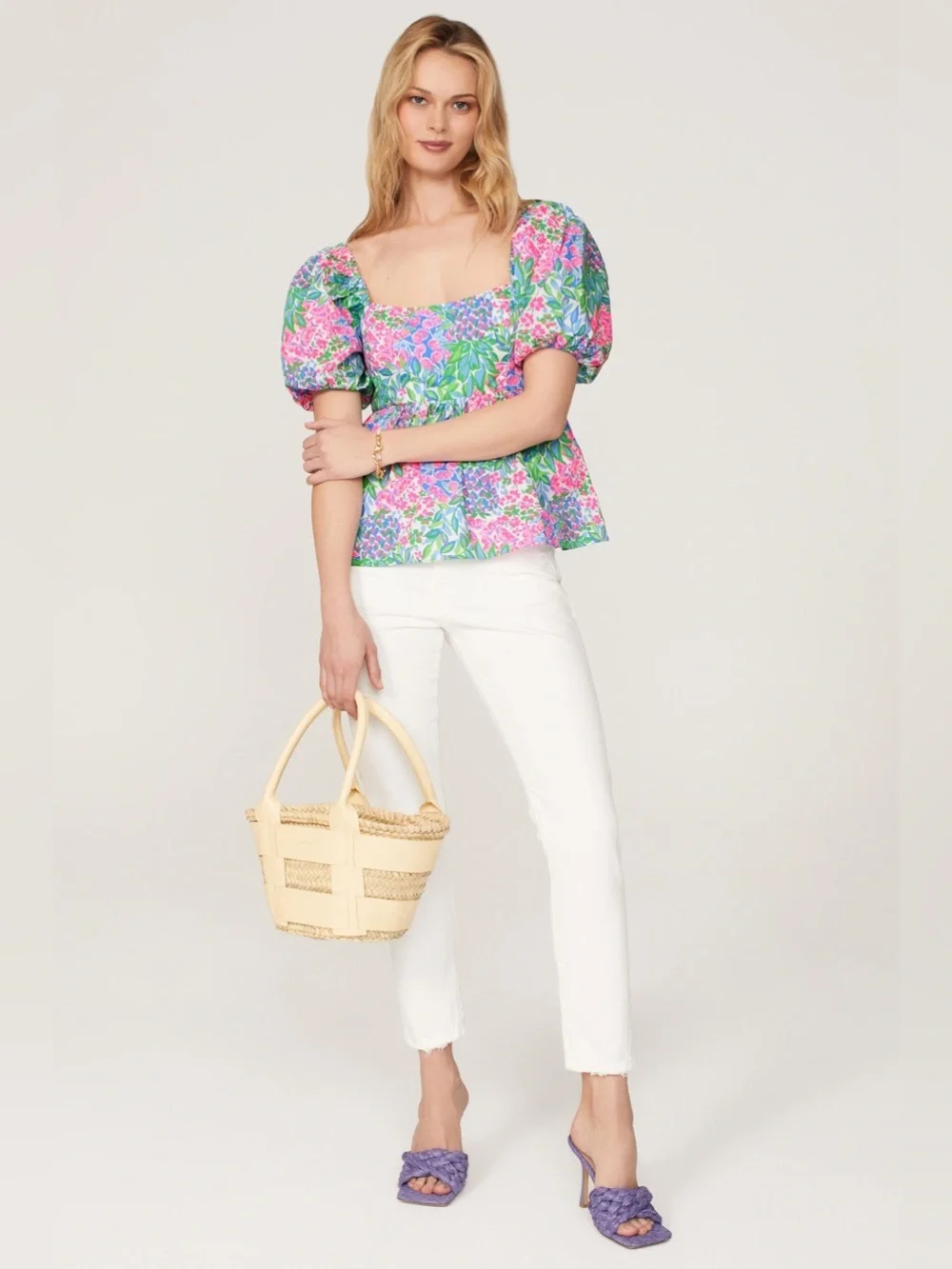 Lily Pulitzer Floral Puff-Sleeve Square Neck Top - Pink & Green